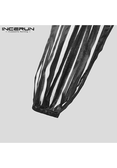 Incerun Erkek Yazlık Fileli Şeffaf Pantolon Yazlık Çizgili Uzun Pantolon Siyah