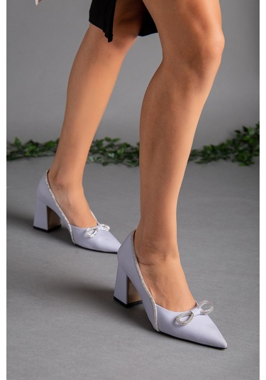 Saten Taşlı Kalın Topuk Gri Kadın Stiletto-2032-GRİ