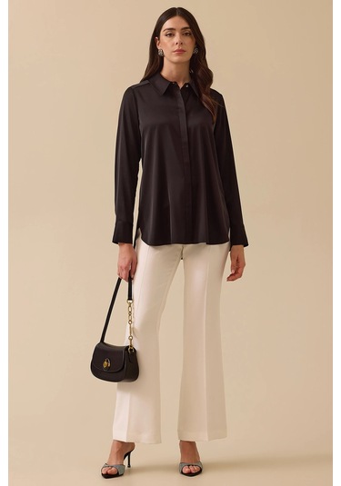 Seçil Kadın Gizli Düğmeli Saten Gömlek 0038 Siyah Siyah