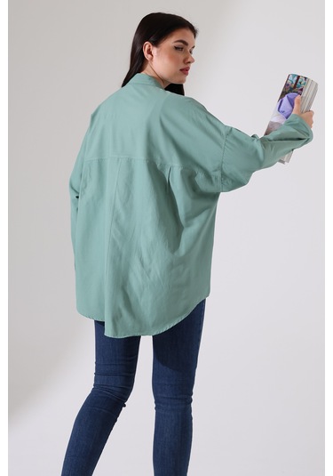 Yeni Sezon Poplin Kumaş Çift Cepli Oversize Pamuklu Kadın Tunik Gömlek Yeşil