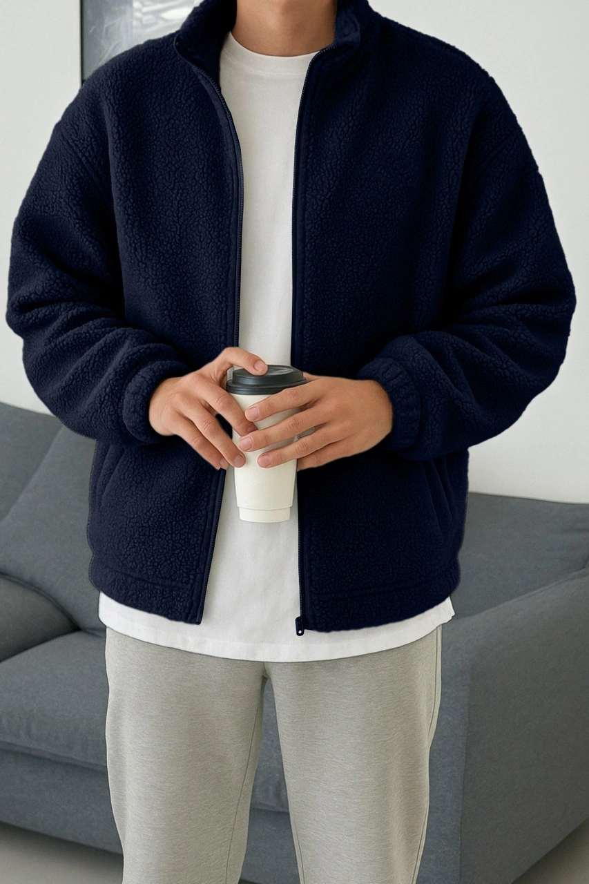 Ghassy Co. Erkek Isı Termal İç Dış Sherpa Sonbahar Kış Tam Fermuarlı Peluş Polar Sweatshirt Lacivert