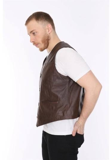 Hakiki Kuzu Derisi Kahverengi Classic Düğmeli Erkek Deri Yelek Kahverengi