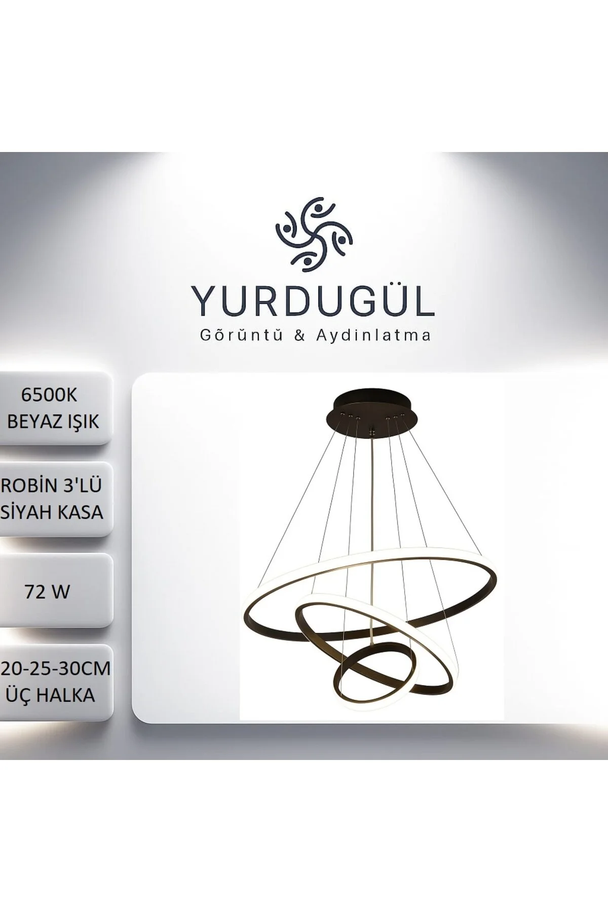 Siyah Kasa 3'lü Halka Ultra Süper Beyaz Ledli Modern Avize Beyaz