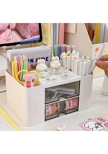 Sunshine011 Mavi 2 Çekmeceli Masaüstü Organizer, Kalem Ve Kozmetik Depolama Kutusu Mavi