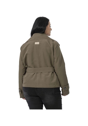 Büyük Beden Mono Yaka Kemerli Astarlı Kısa Haki Trençkot Haki