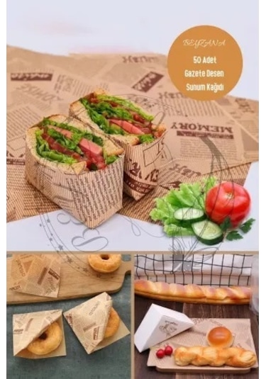 Kapamarka Vintage Gazete Desenli Sunum Kağıdı 50 Adet 3 Parça