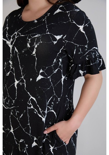 Wearon Kadın Dora Büyük Beden Volanlı Mermer Desen Siyah Elbise Siyah