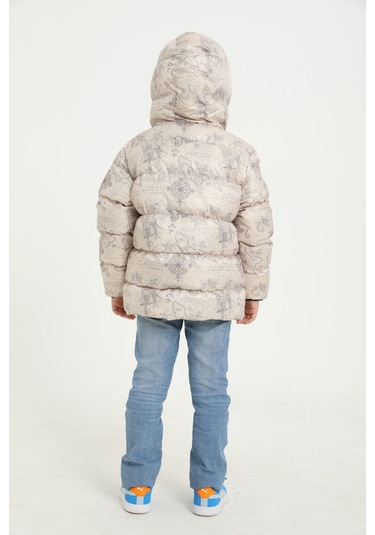 Erkek Çocuk Bej Pusula Desen İçi Polar Su Ve Rüzgar Geçirmez Kapüşonlu Cepli Şişme Kışlık Mont Bej