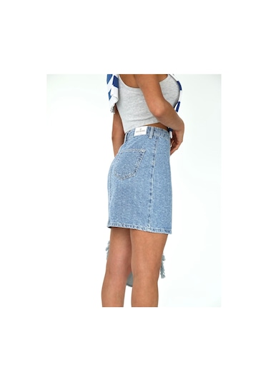 Zeo Basic Eskitme Denim Kumaş Mini Etek Mavi - Eskitme Detaylı