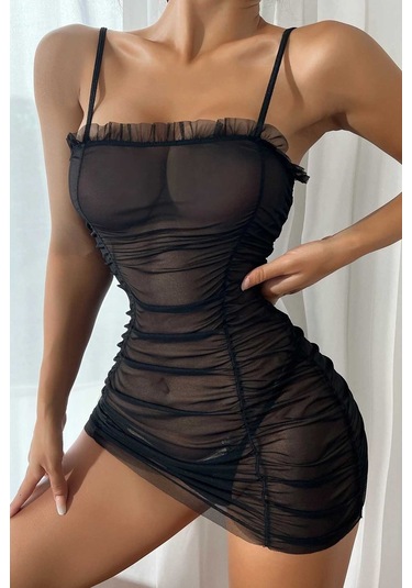 Merry See Transparan Büzgülü Gecelik İç Giyim Takım Siyah