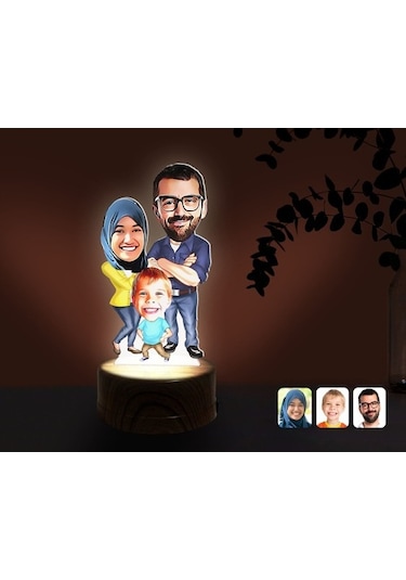 Kişiye Özel Tesettürlü Aile Karikatürlü Dekoratif 3D Biblo Led Iş (483006978)