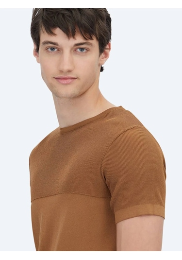 Kahverengi Bisiklet Yaka Desenli Triko Kahverengi