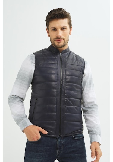 Ikbal Thomas Lacivert / Hakiki Erkek Deri Yelek