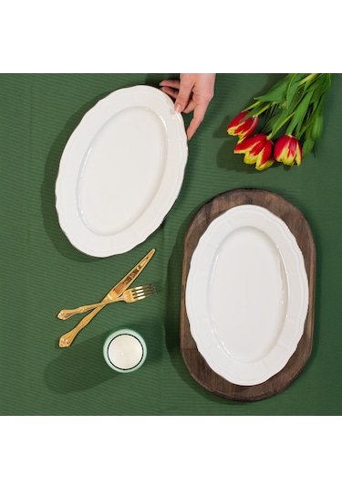 Porsima 4446 Tiffany Porselen Platin Fileli Kayık Tabak Seti - Oval Kahvaltılık Sunumluk Seti 30cm Beyaz