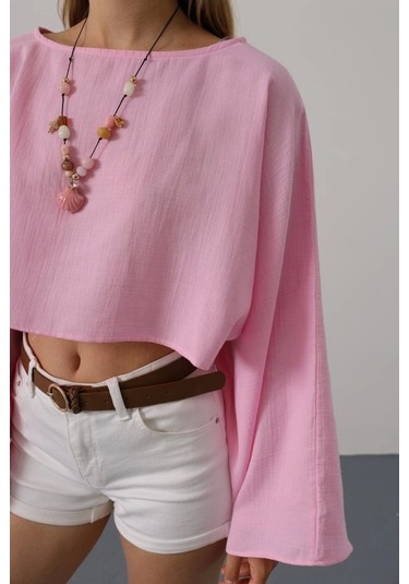 Yarasa Kollu Crop Bluz - Pembe Pembe