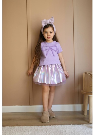 Kız Çocuk Lila Renk Partlak Kumaş Tütü Balon Etek Fiyonk Nakışlı T-shirt Pamuklu Altüst Takım Lila Mor Lila - Mor