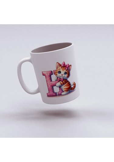 H Harfli Bardak, Sevimli Kedili Pembe Tasarım Bardak, Arkadaşa Aileye Hediye Porselen Beyaz