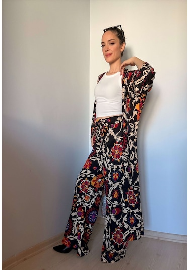 Ali Butik Siyah Etnik Desenli Kimono Pantolon Takım Siyah