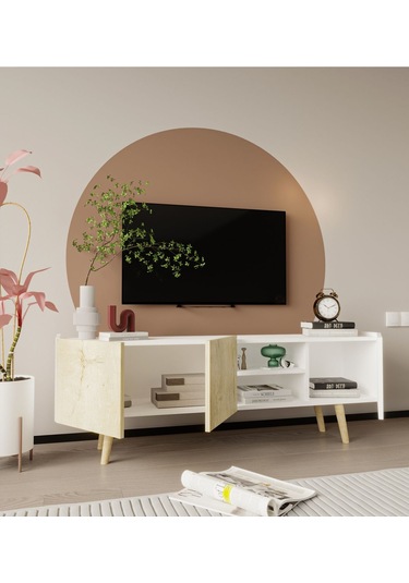 Milano Ahşap Ayaklı Modern Tv Ünitesi 160 Cm Safir Meşe - Beyaz