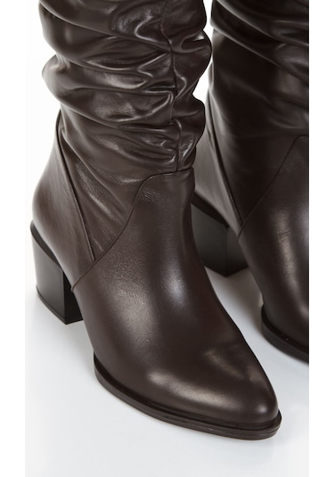 Hakiki Deri İçi Tay Tüyü Astarlı Büzgülü Körüklü Kahverengi Çizme Kahverengi