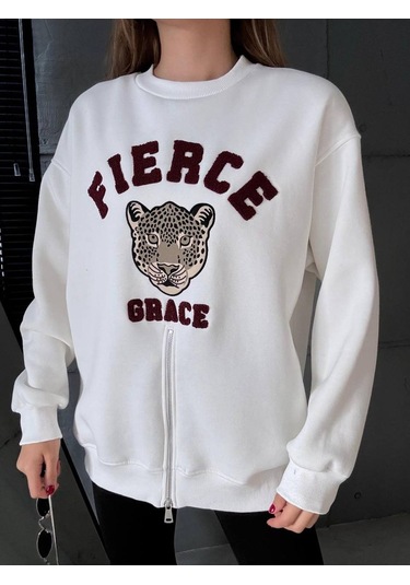 Fermuarlı Leopar Baskılı Oversize Siyah Sweat Ekru