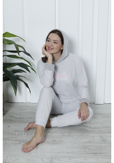 Fawn 3903 Peluş Welsoft Polar Kışlık Kapşonlu Kadın Pijama Takımı Açık Gri