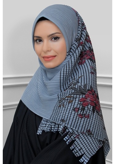 Gri Pratik Hazır Geçmeli Tesettür Eşarp Kesik Elyaf Piliseli Çiçe (545491596) Gri
