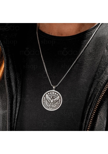 925 Ayar Gümüş Kartal Tasarım Yuvarlak Erkek Kolye Gümüş