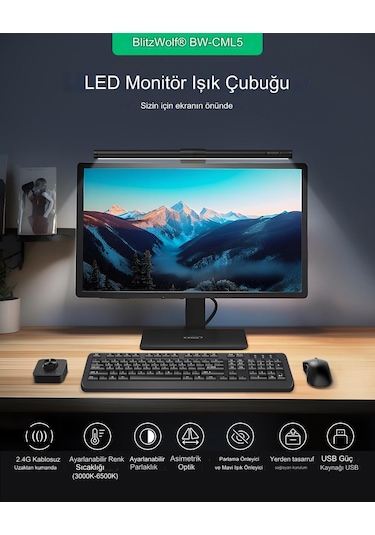 Blitzwolf Bw-cml5 Monitör Işık Çubuğu Dokunmatik / Kablosuz Kumanda Kontrol Monitor Light Bar Göz Koruma