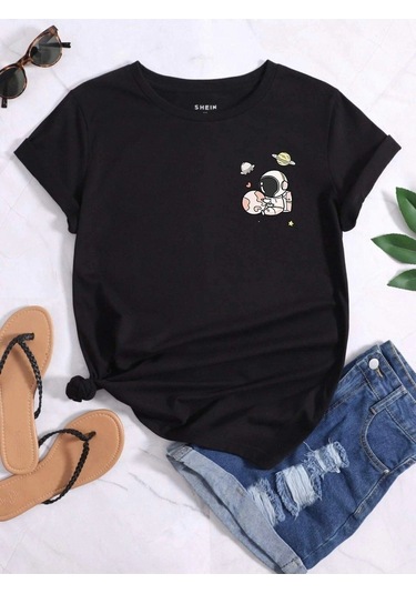 Kadın Siyah Oversize Astronot Baskılı T-shirt Siyah