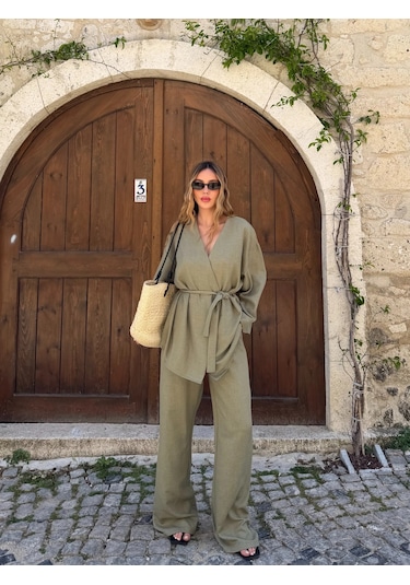 Laluvia Haki Tek Düğmeli Kuşaklı Kimono Takım - 007