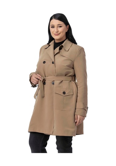 Büyük Beden Kruvaze Kolu Bant Detaylı Cepli Kuşaklı Astarlı Vizon Trençkot Vizon