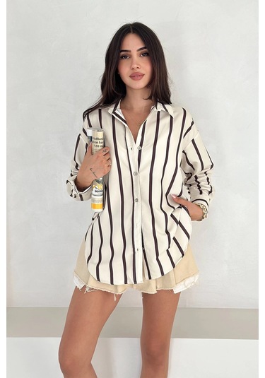 Pamuk Viscon Dijital Baskı Sonsuz Çizgi Gömlek Krem