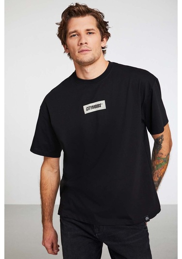 GRIMELANGE Inventıon Erkek %100 Organik Pamuklu Kalın Dokulu Baskı Detaylı Oversize Siyah T-shirt Siyah