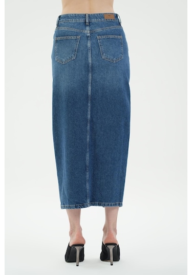 Orta Mavi Yüksek Bel Önü Yırtmaçlı Jean Etek C 4532-045 Orta Mavi