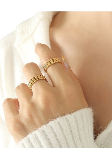 Soulader Titanyum Çelik Parmak Yüzüğü - Birbirine Geçen Zincir Desenli Kadın Erkek Aşk Bileklik Seti Sarı