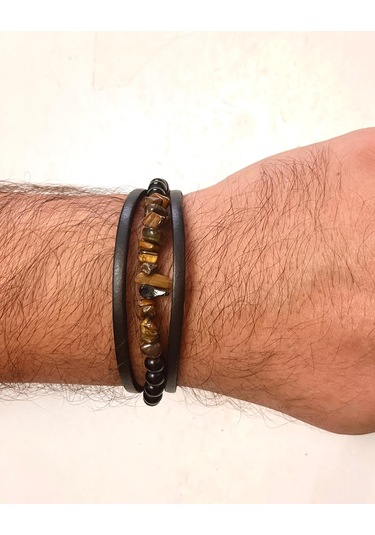Kaplan Gözü,oniks Ve Hakiki Deri İle Türk El Yapımı Erkek Bilekli