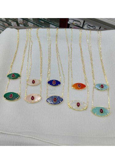 Doğal Taşlı Küçük Boy Göz Gümüş Kolye