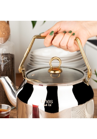 Lines L-3075 Ayperi Paslanmaz Çelik İndüksiyon Taban Çay Demliği Altın