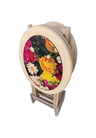 Oval Çanta Zigon Sehpa 4'Lü Resimli-Boyasız(Hâm)Tamamı Ahşap