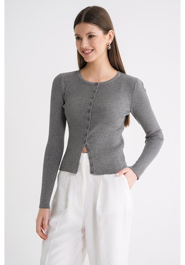 6931 Kadın Düğmeli Fitilli Triko Hırka Antrasit Antrasit