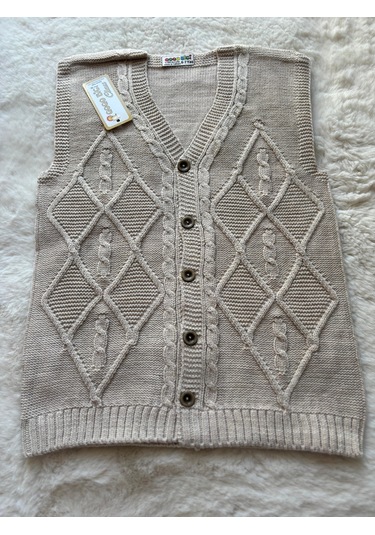 Baklava Desenli Örme Yelek Bej