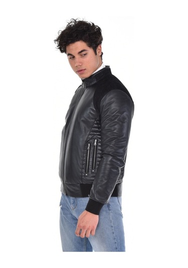 Hakiki Deri Siyah Erkek Deri Mont Kollar Ve Belden Lastikli Çift Fermuarlı Yandan Cepli Deri Ceket Siyah