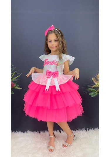Barbie Beyaz Taçlı Kız Çocuk Doğum Günü Parti Elbisesi Abiye - Beyaz
