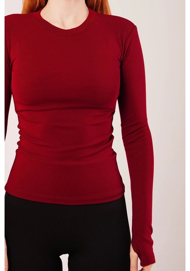 Uzun Kollu Basic Bordo Bluz Bordo