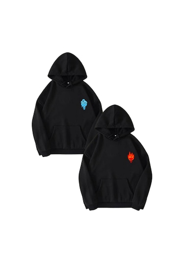 Modagen Sevgili Çift Kombini Ateş Ve Su Tasarım 2'li Ürün Siyah Kapüşonlu Oversize Sweatshirt Hoodie Ssiyah
