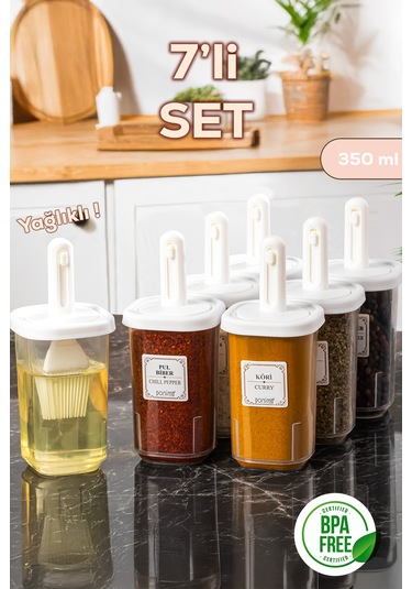 Porsima 4365 7li Kaydırmalı Kaşıklı Sızdırmaz Kapaklı Etiketli Baharatlık Seti - Saklama Kabı Beyaz Beyaz