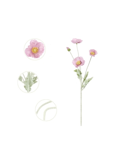 Yapay Çiçek Gelincik Çiçeği Gülkurusu Renk 3 Çiçek 1 Tomurcuk 59cm Pembe