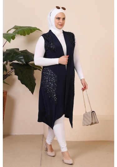 Kadın Buyuk Beden Pulpayetli Siyah Yelek Uzun 001