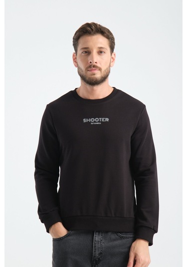 Shooter Sportswear Erkek Deluxe Sweatshirt Ekru Baskı Detaylı Standart Kalıp Siyah